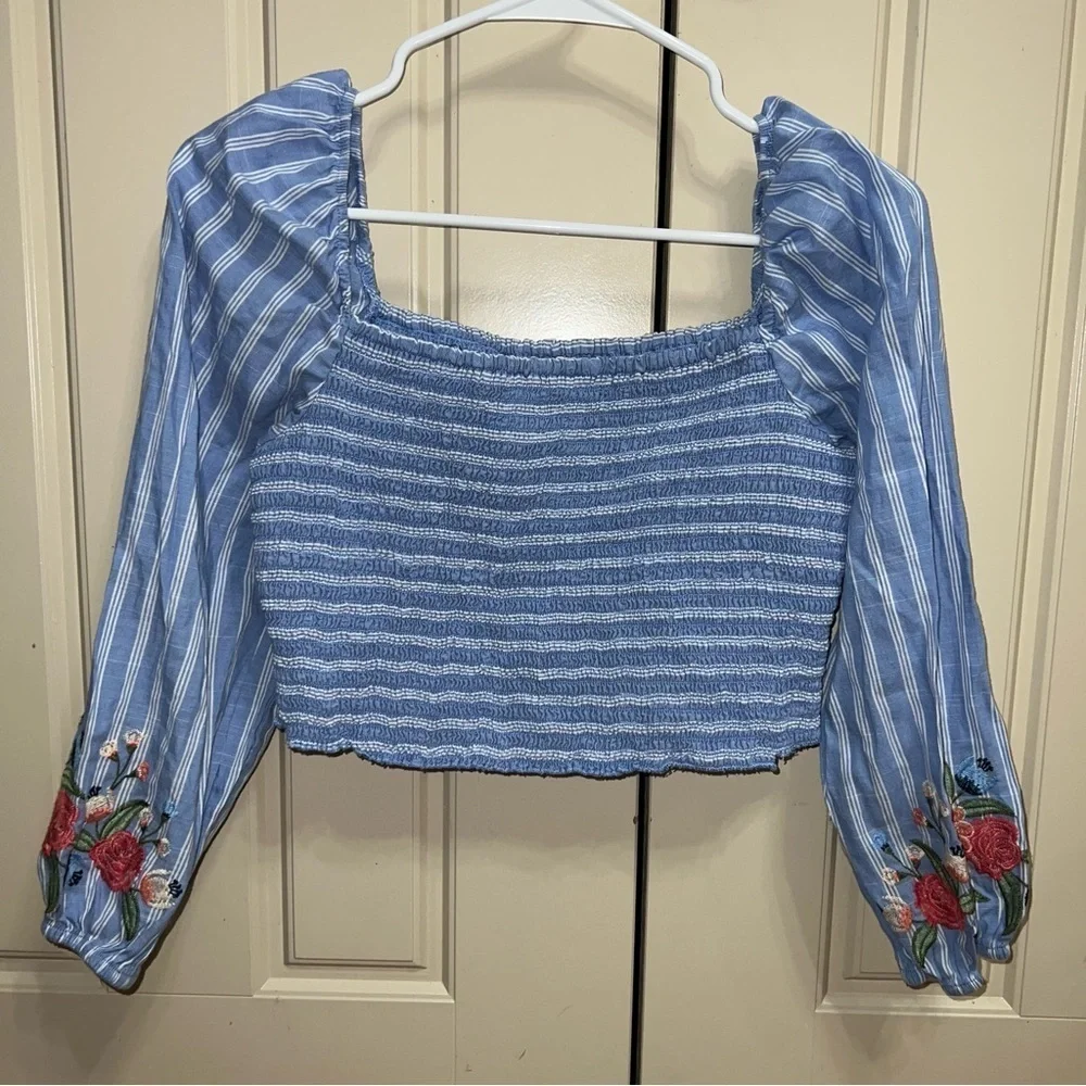 Xhilaration Striped Embroidered Smocked Square Neck Puff Sleeve Crop Top Shirt - Picture 8 of 11